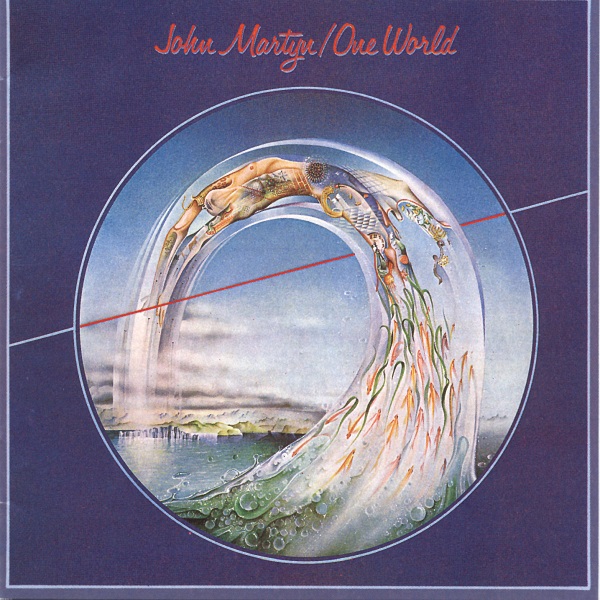 Original 1977 Island Records cover of John Martyn's One World by Tony Wright: a mermaid arched as a wave inside a circular composition, with a single red horizontal line cutting the dusk-blue ground.