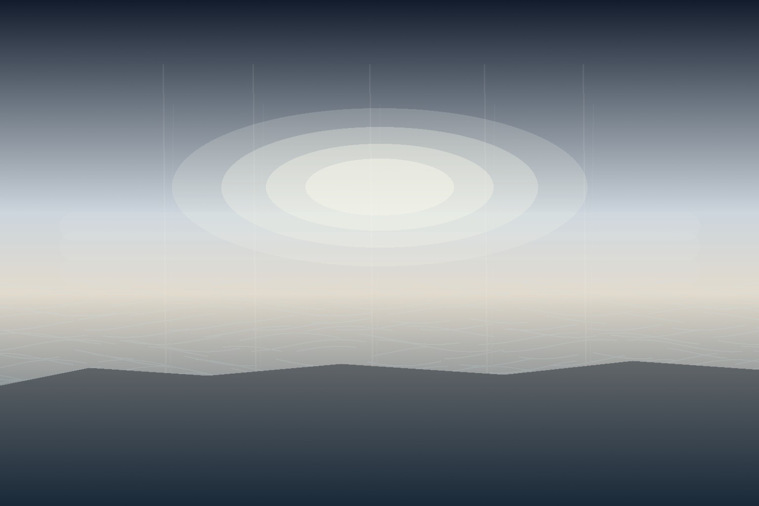 A pale dawn over water: a grey-blue sky, a soft circular glow above the horizon, thin vertical rain-light lines, and a dark shore below.