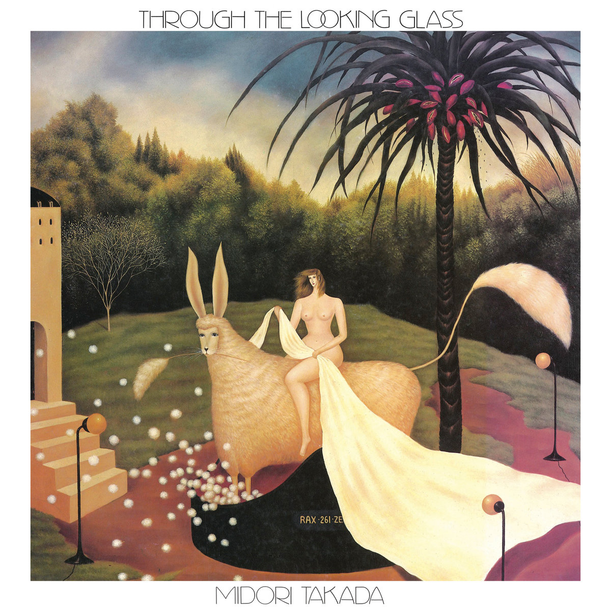 Original 1983 RCA cover of Midori Takada's Through the Looking Glass: Yoko Ochida's painting of a nude woman seated on a hare beneath a tropical palm, in a dreamlike clearing.