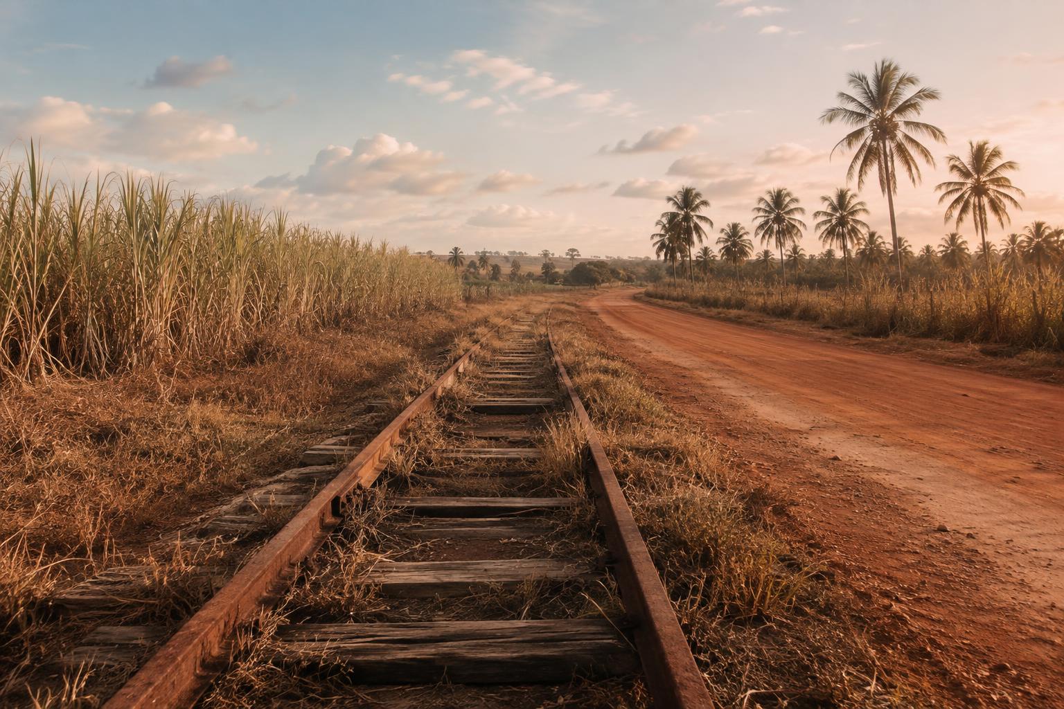 Warm morning light over an old dismantled Bahian railway line: rusted rails half-covered by grass, weathered sleepers, red earth, low sugar cane and distant palms under a pale sky.