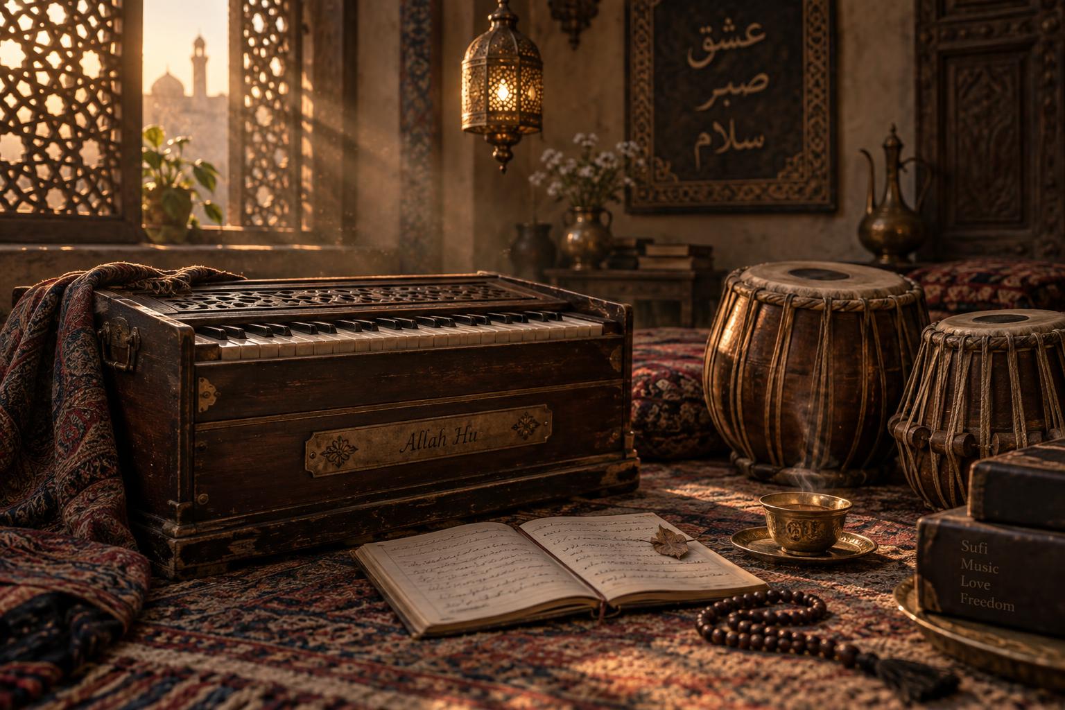 Warm dusk light on a low Pakistani interior: a harmonium on a woven rug, a pair of dholak drums, prayer beads and an open notebook with faint Urdu script, a brass tea cup, and amber lamp light through a lattice window.