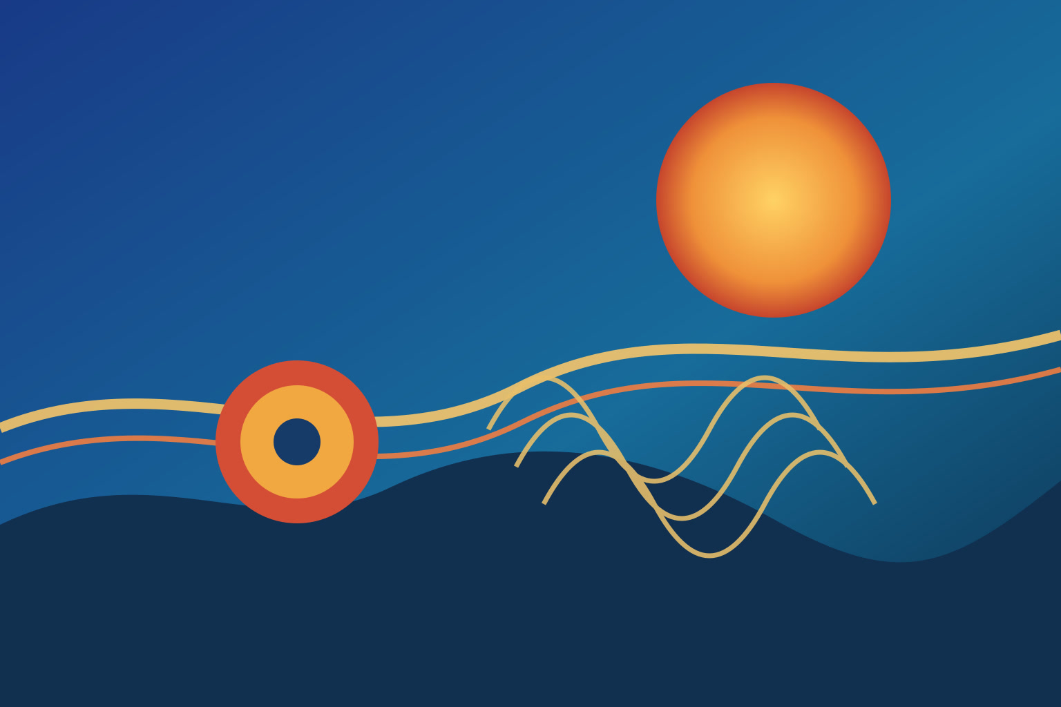 A cobalt-blue editorial landscape with a red-orange sun, a painted calabash form and gold rhythmic lines.