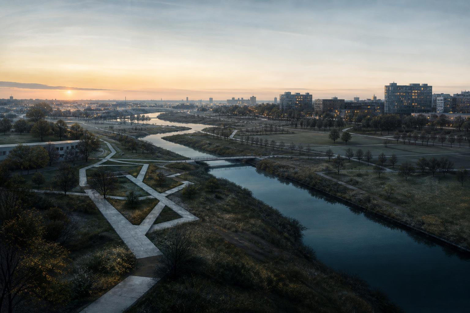 Dawn over a canal-edge park with geometric footpaths across the grass, dark water, distant apartment lights, and the city waking under a pale sky.