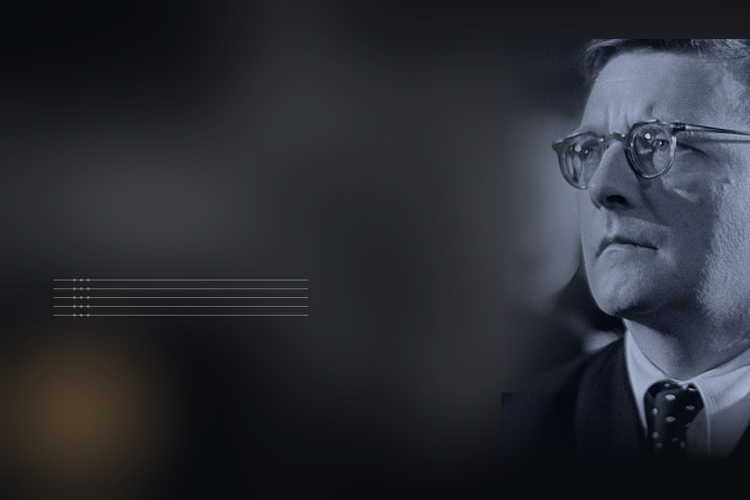An editorial still in cold slate and indigo: on the right, a monochrome portrait of Dmitri Shostakovich turned slightly away, in round-rimmed glasses; on the left, a few thin ochre staff lines with the three flats of C minor sketched over them, and a low warm lamp glow guttering at the lower edge.