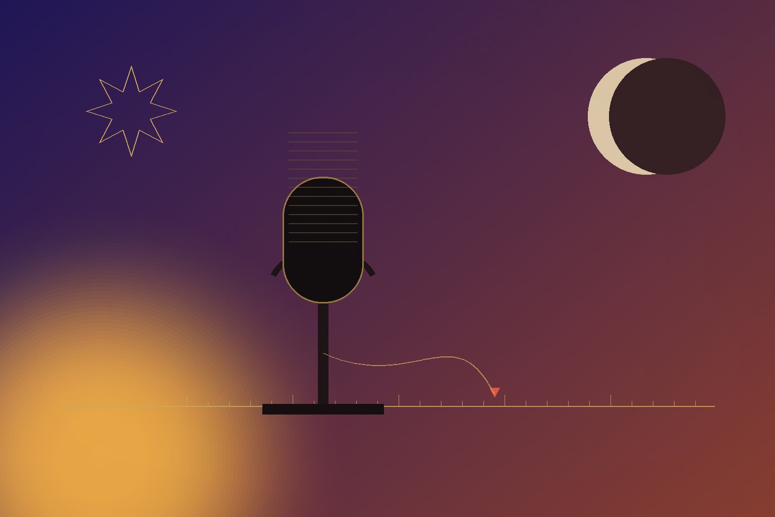 An editorial still in oxblood and indigo with a crescent moon upper-right, an eight-pointed Islamic star upper-left, a 1960s ribbon microphone centred, a thin horizontal radio dial along the lower third with a red tuning marker over Cairo, and a slow golden filament rising from the dial toward the microphone.