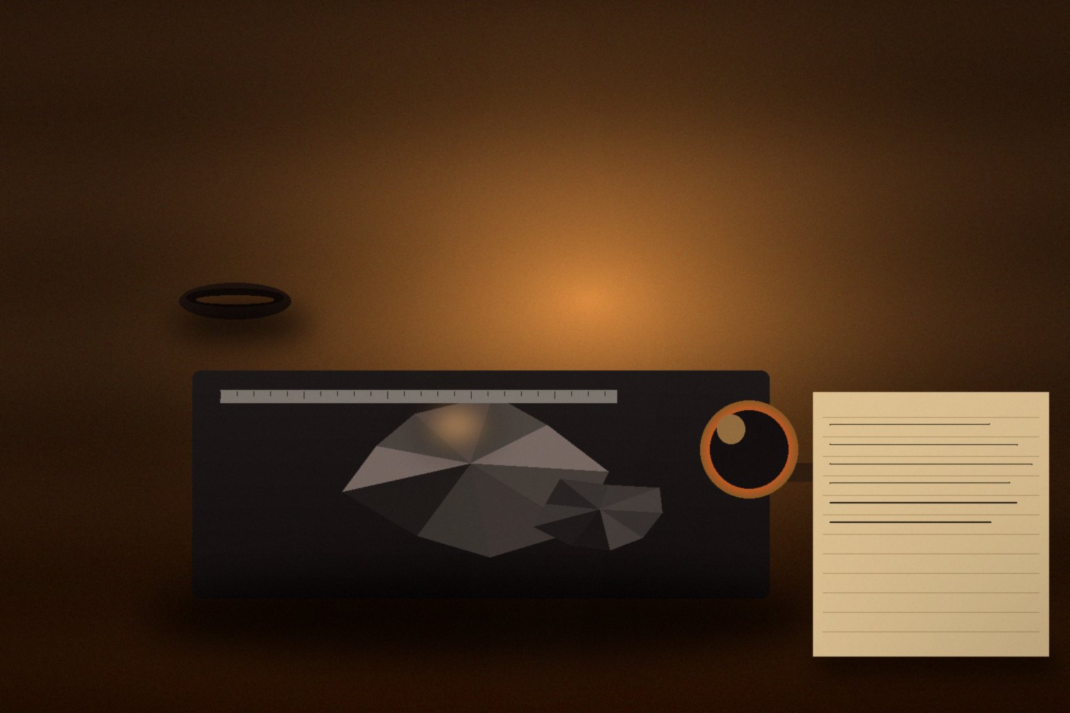 A dark workbench still life in warm low lamplight: a dull-metallic ore sample of wolframite on a weathered black steel plate, a short steel rule laid beside it, a brass hand lens with a dark lacquered handle, a dark ceramic cup, and a cream notebook page half-marked in dark ink.