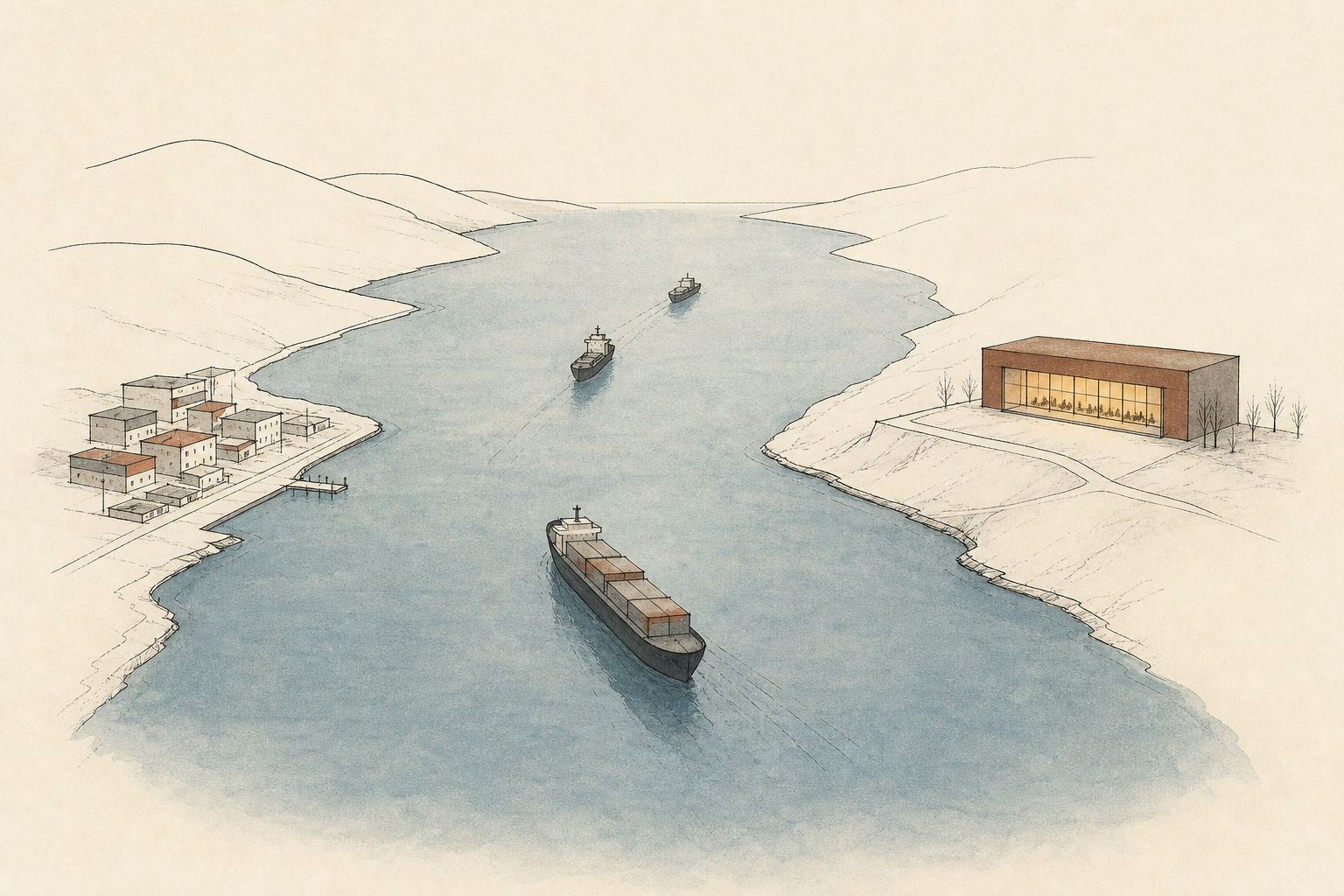 A minimal editorial illustration of a narrow water passage with cargo ships, a small conference hall, and a border-town cluster.