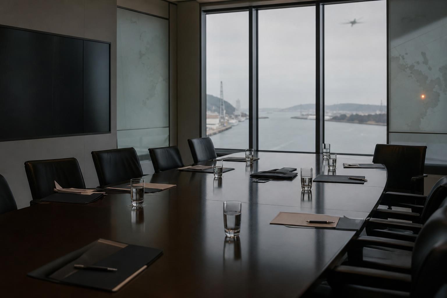 An empty strategic meeting room overlooking a narrow industrial waterway under grey light.