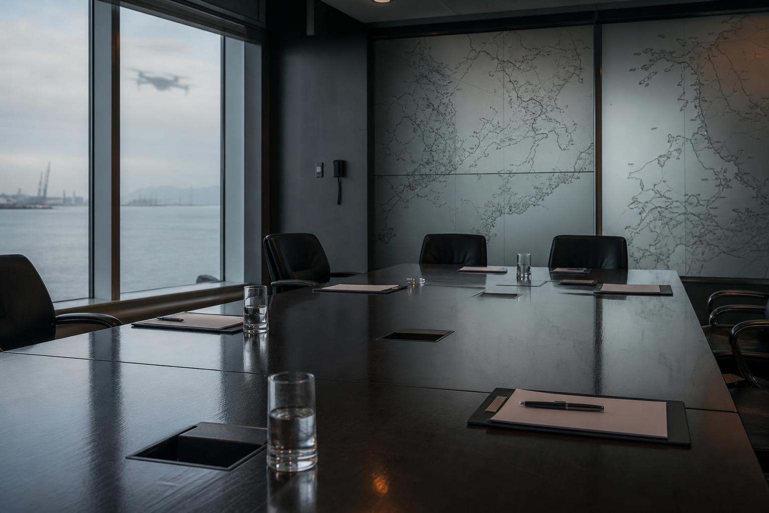 A dark meeting table overlooking a narrow industrial waterway, with papers, glasses of water, and a map-lined wall under grey light.