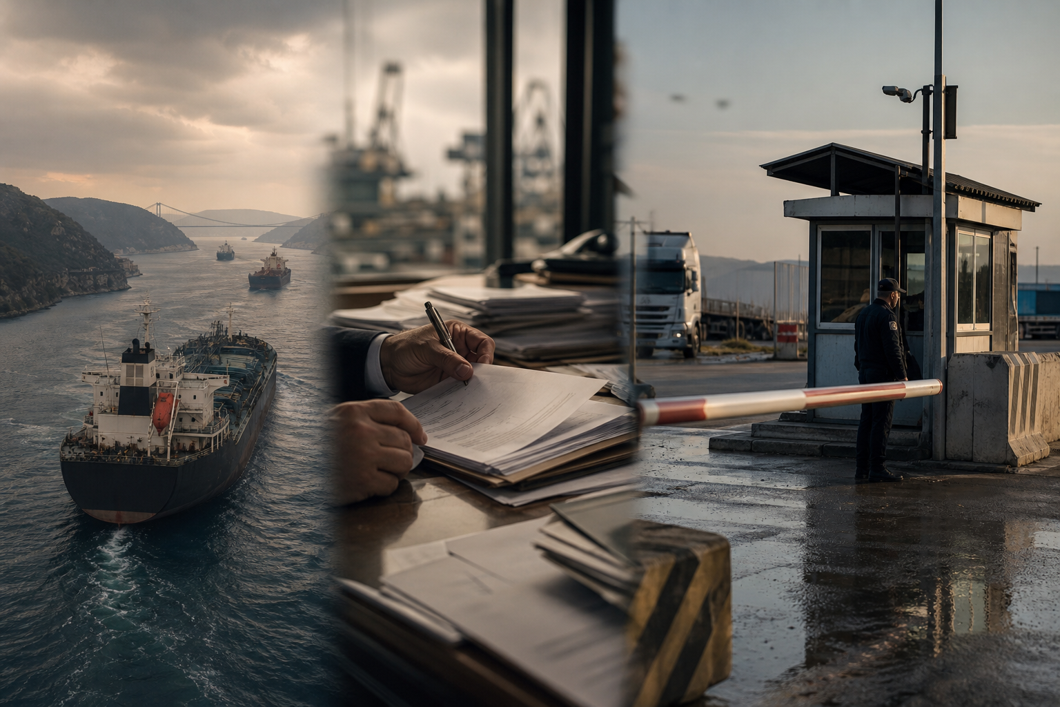 A sober editorial triptych: tankers moving through a chokepoint, paperwork under review, and a guarded permit checkpoint.