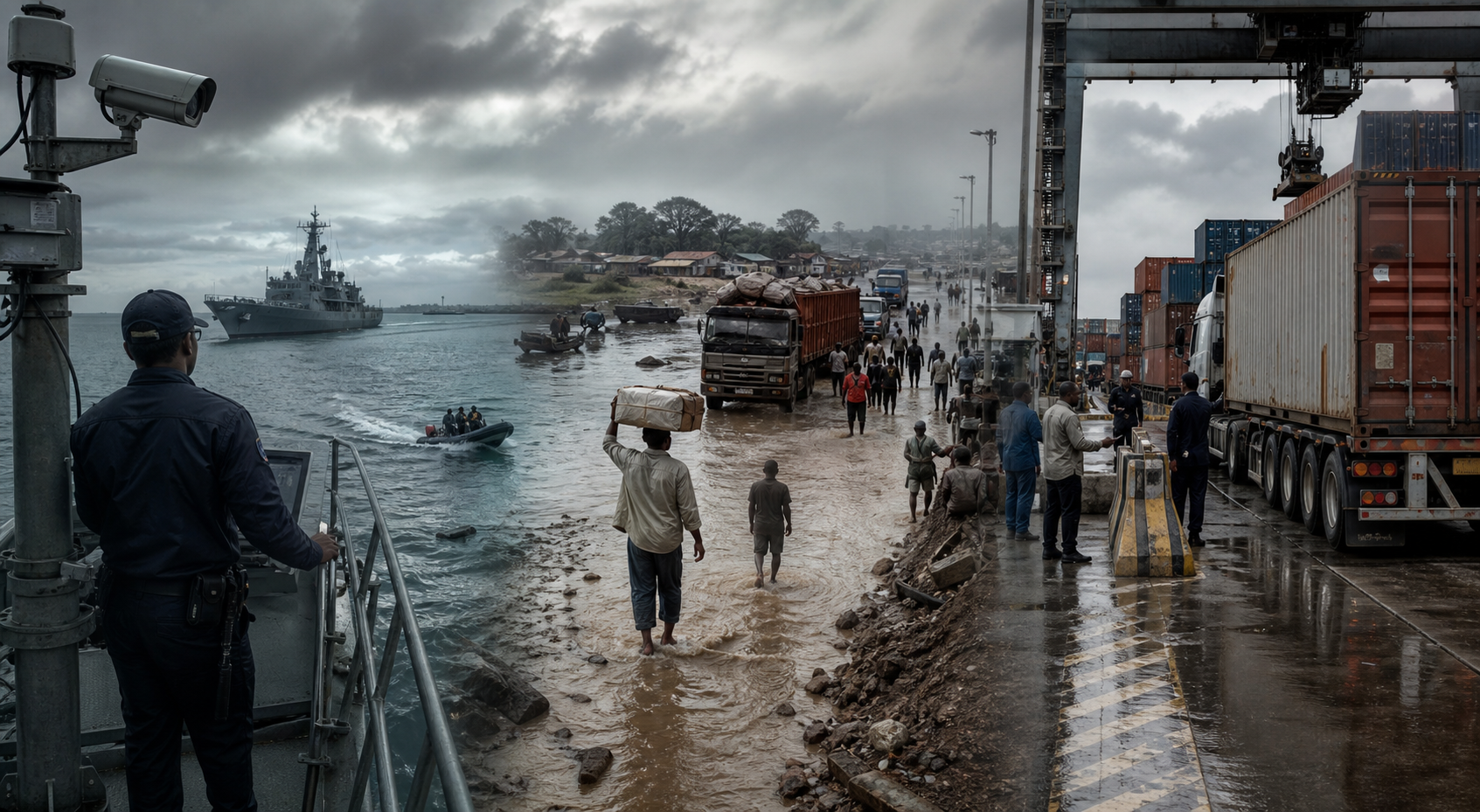 A sober editorial triptych: maritime surveillance, a flood-struck corridor, and containerized trade under heavy administrative pressure.