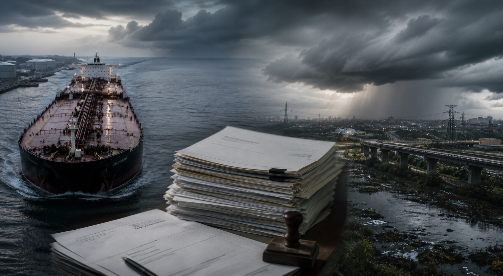 A sober editorial triptych: an oil tanker corridor, a stack of institutional filings, and storm pressure over exposed infrastructure.