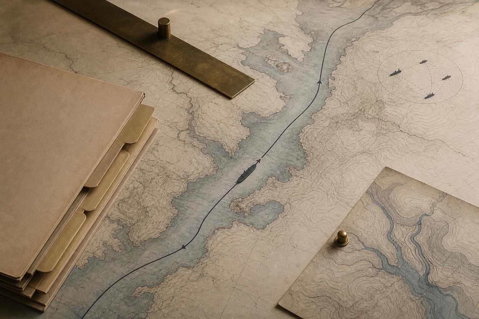 A restrained editorial composition in warm paper tones: a narrow tanker route, floodplain contour bands, a docket-like sheet, and a naval marker arranged as one world-briefing still life.
