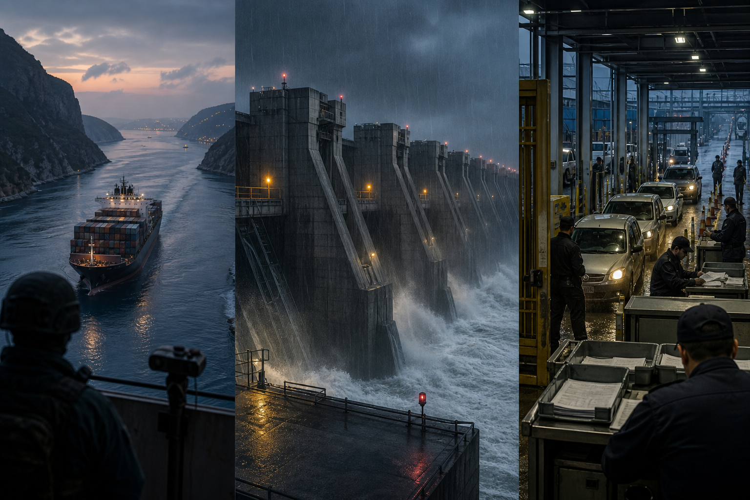 A sober editorial triptych: a watched maritime passage, a rain-soaked barrage under pressure, and a customs checkpoint processing vehicles and paperwork.