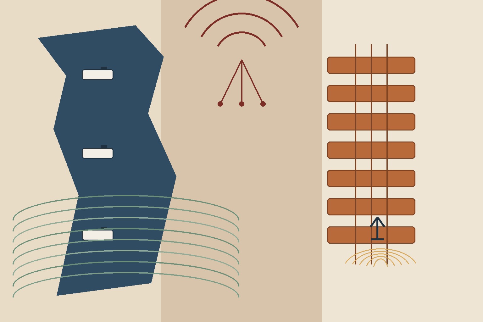 A restrained editorial composition in warm paper tones: a narrow blue passage with three ship marks, a red barrage diagram, and a brown customs-like filter grid with contour lines below.