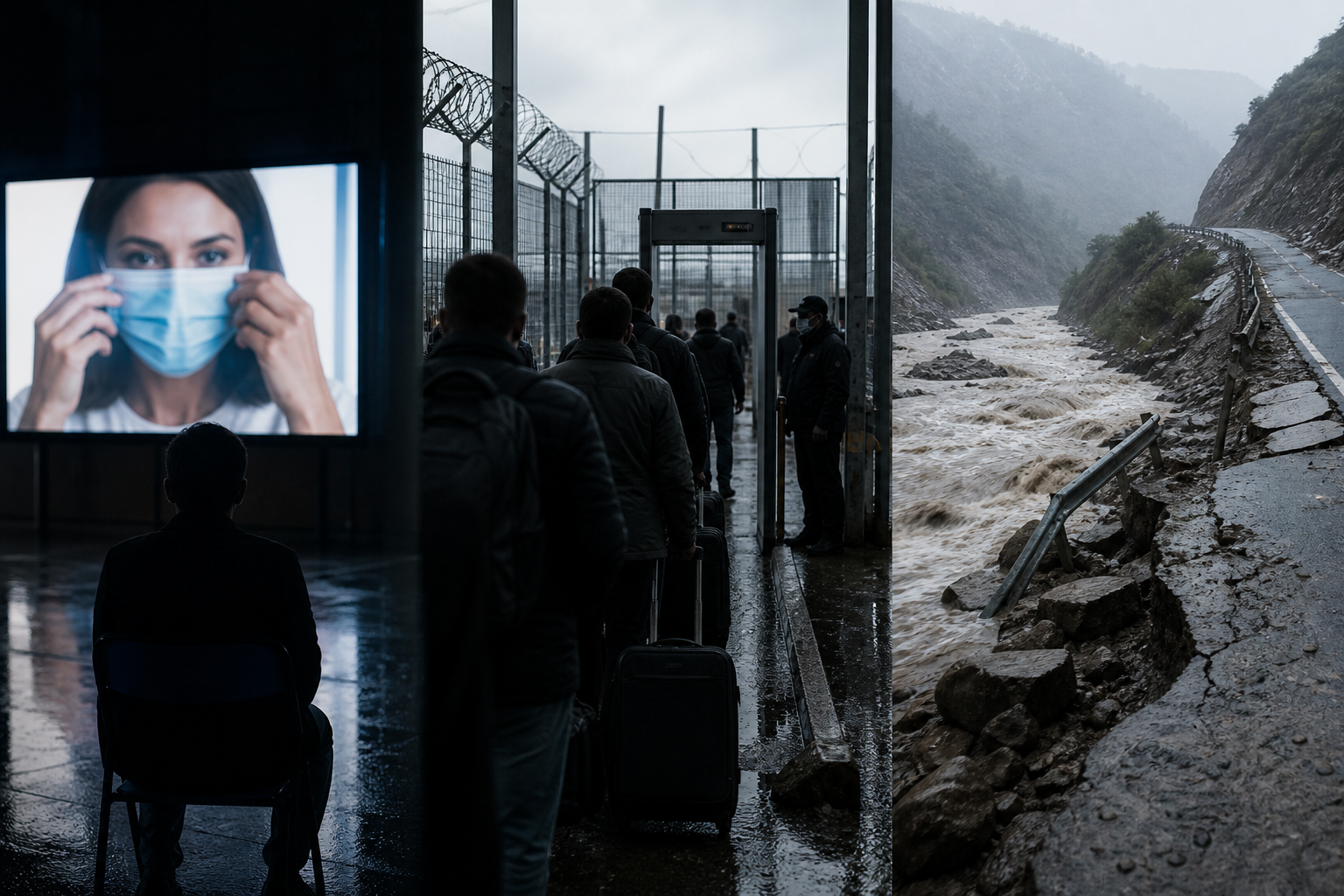 A sober editorial triptych: a campaign screen in a dark hall, a controlled border gate in rain, and a flood-damaged mountain road.