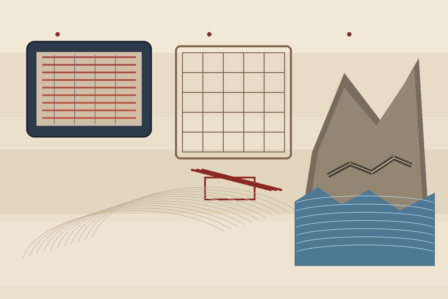 A restrained editorial composition in warm paper tones: a broadcast screen, a customs-like gate grid, and a washed-out mountain road.
