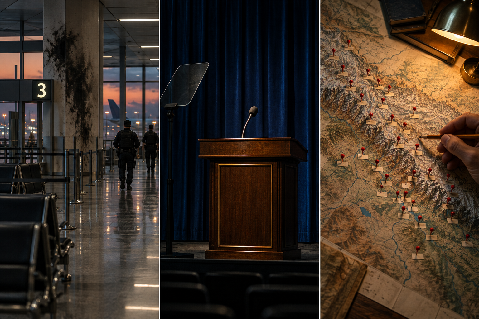 A sober editorial triptych: a hushed airport terminal with scorched walls, an empty press rostrum with a single microphone, and a hand drawing names on a Himalayan wall map.