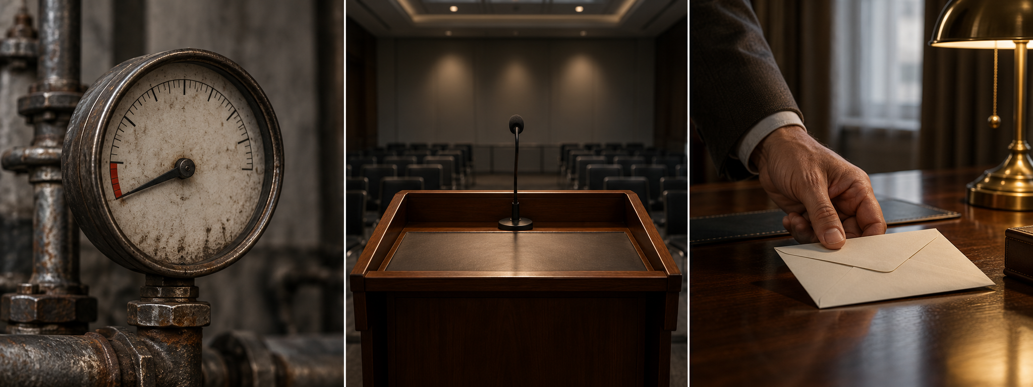 A sober editorial triptych: a near-empty industrial gas gauge at the red line, an empty wooden press lectern with a single microphone, and a hand placing a sealed envelope on a dark polished desk.