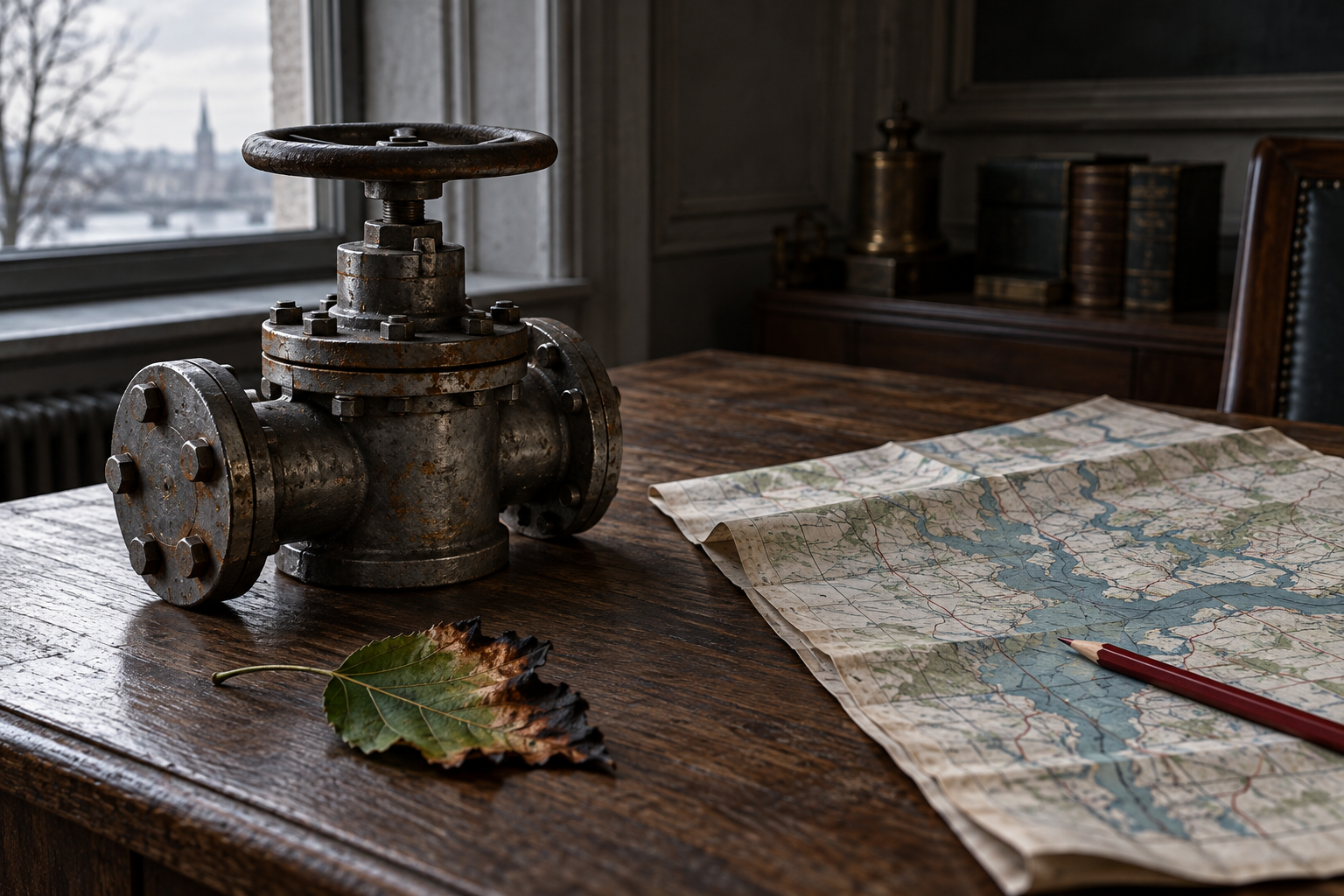 A weathered steel valve, flood map, red pencil and scorched leaf on a dark walnut desk.