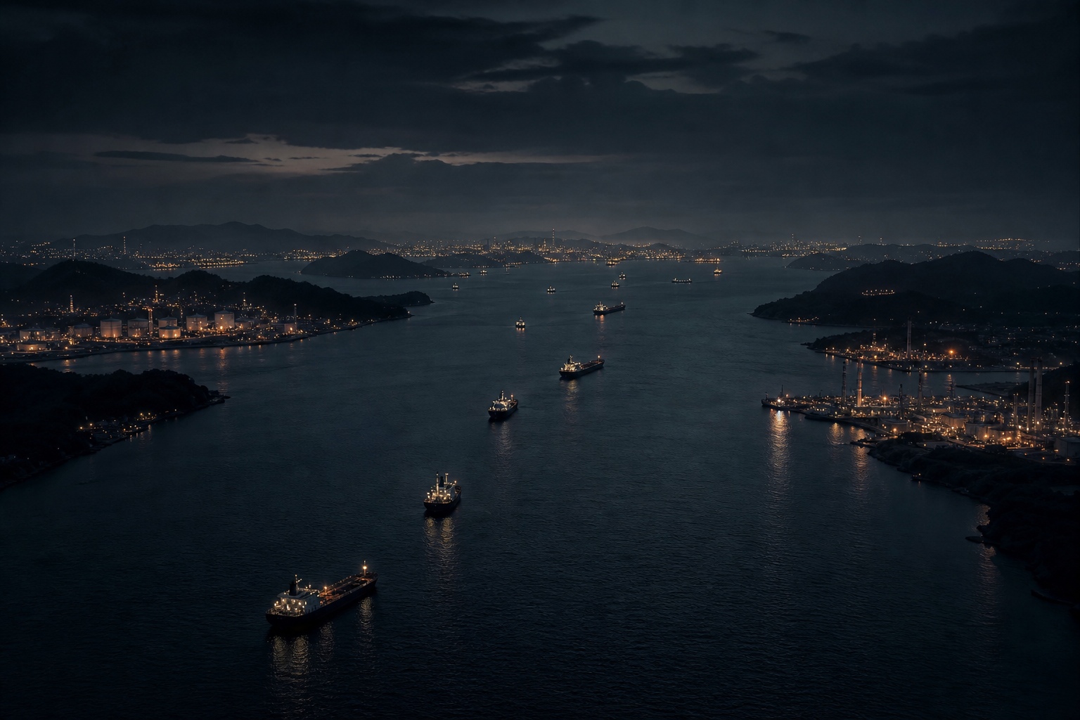 Night-time industrial-maritime scene suggesting a narrow shipping corridor, with small tanker lights, distant port infrastructure, and dark surrounding water.